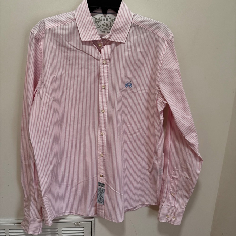 La Martina Striped Slim Fit Button Down Shirt Mens Pink size Large Cotton Polo
